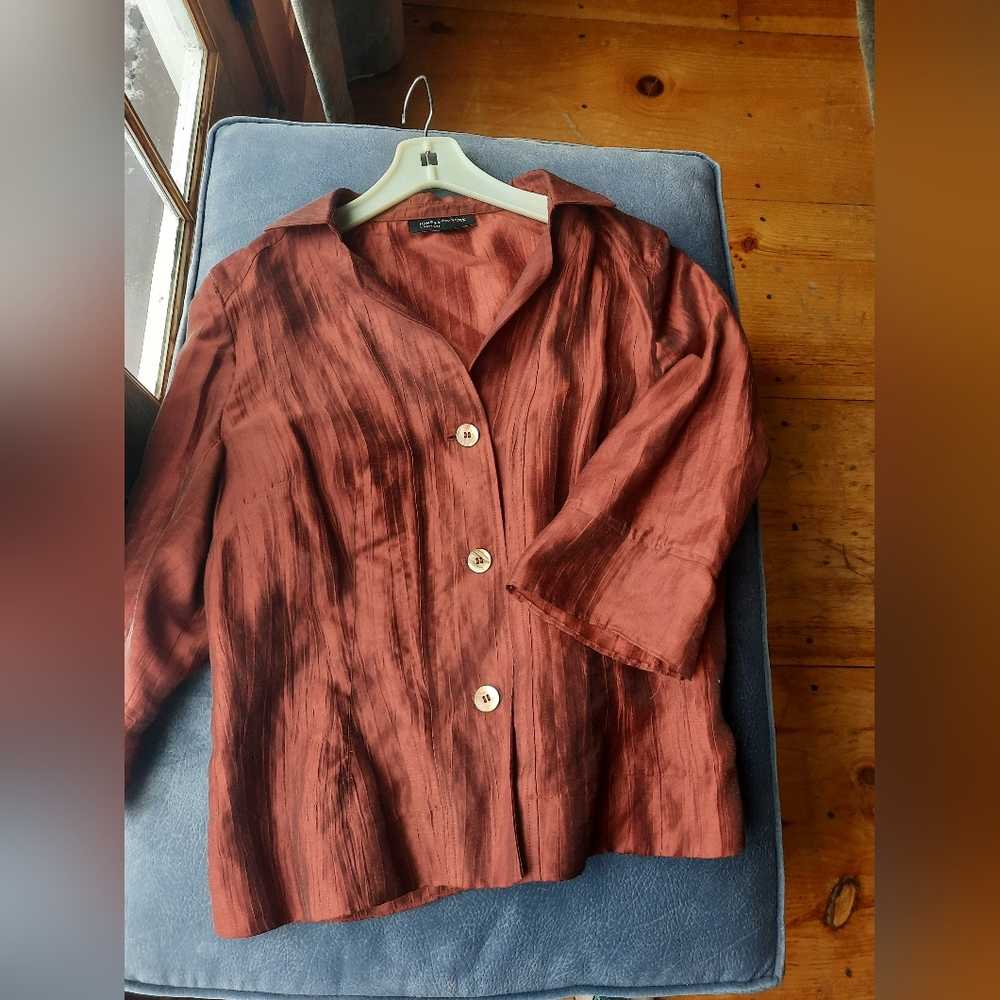 Jones NY Collection silky crinkle linen jacket S 12, Rust w 3/4 sleeves
